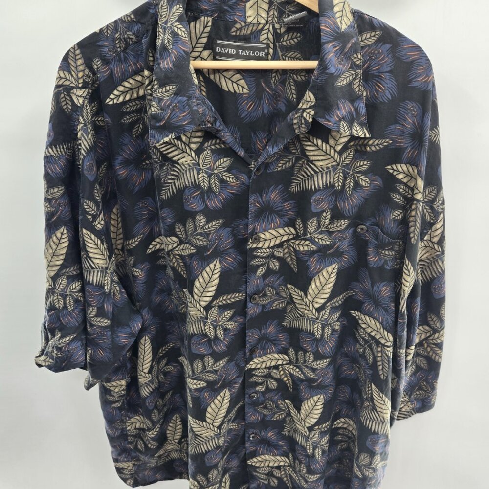 Vintage David Taylor Black Blue Hawaii Aloha Silk/Nylon Button Down Shirt XXL